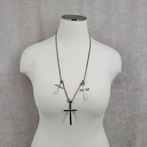 3 Cross Necklace Silver-toned Chain Hammered Metal Crosses